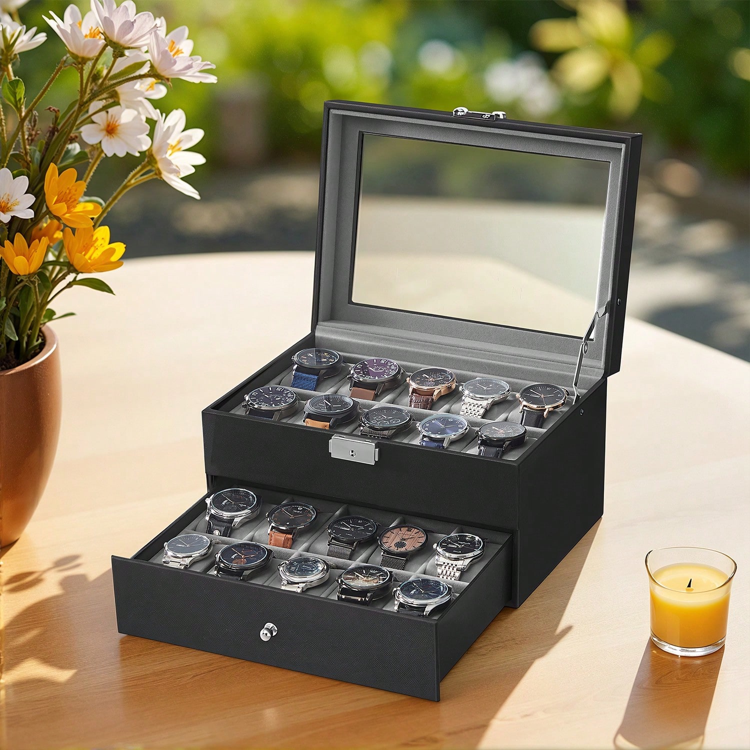 Jewelry Box With Watches - 20 Bölmeli Cam Kapaklı ve Kilitli