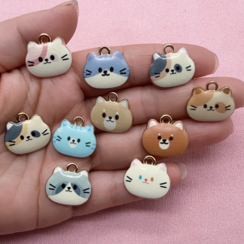 Drop Earrings - 12 adet Baskılı Kedi Kafası Alaşım