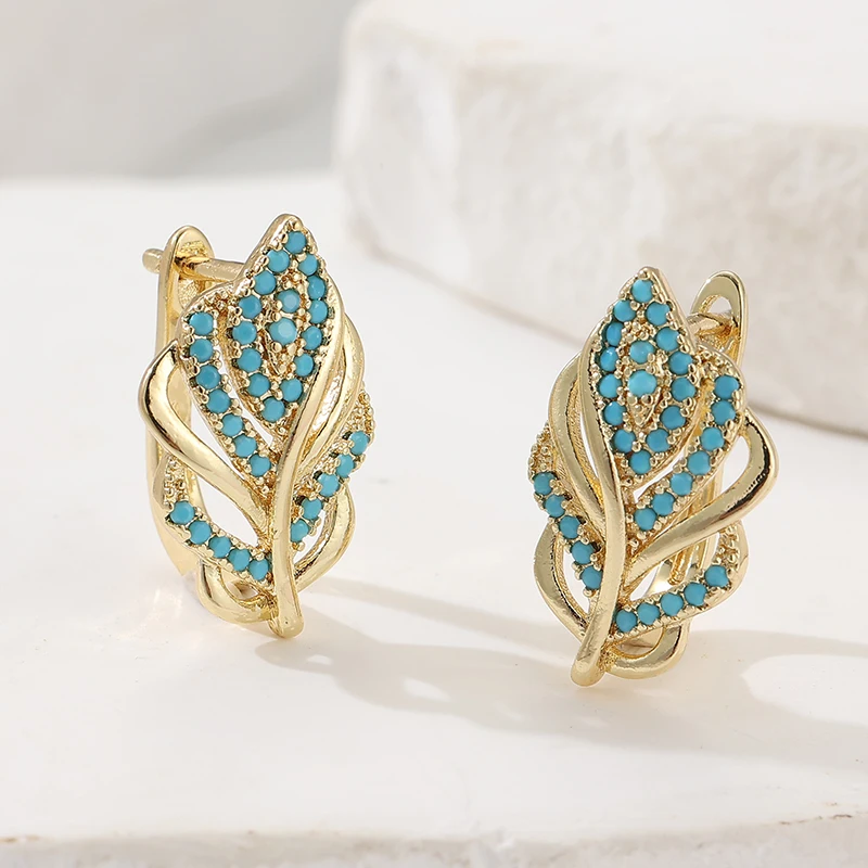 Turquoise Stone Ring - Yaratıcı Yaprak Şekilli Halka Küpeler Altın